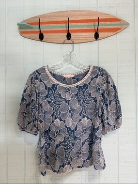 Women’s Blue Floral Lace-Trim Top